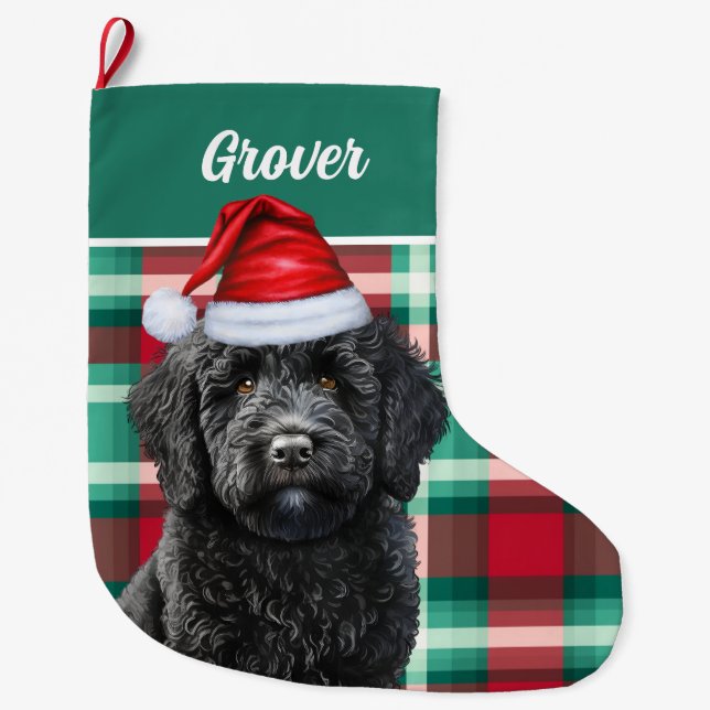 Cute Labradoodle Holiday Plaid Personalized Large Christmas Stocking (Front)