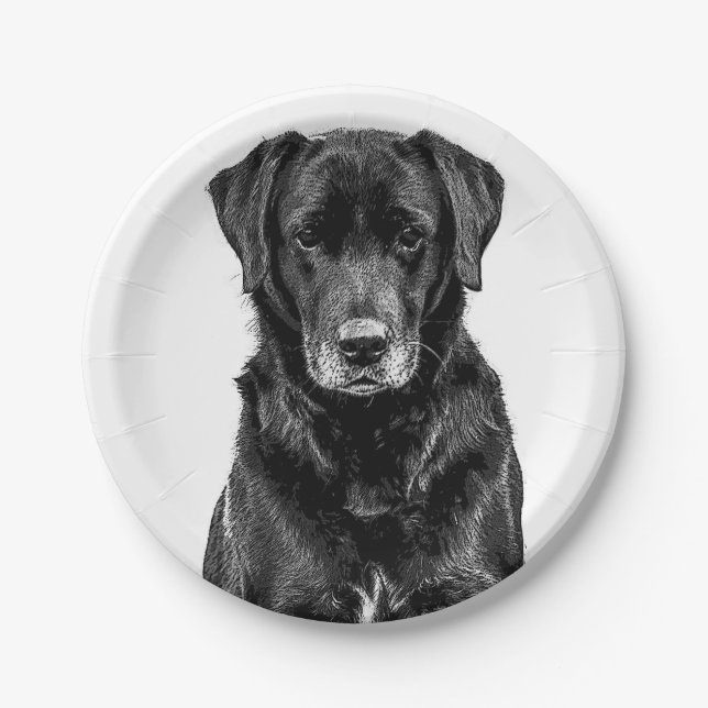 Cute Labrador Black Dog Puppy Pet Sketch Paper Plates (Front)