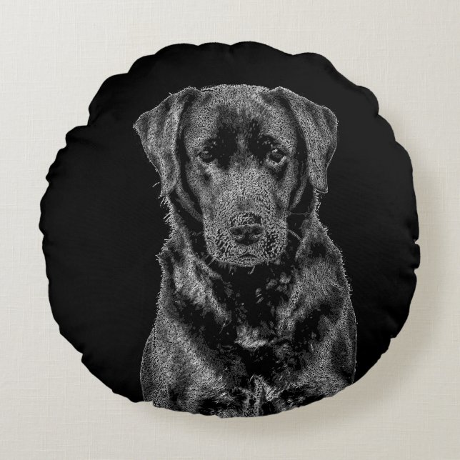 Cute Labrador Black Dog Puppy Pet Sketch Round Pillow (Front)