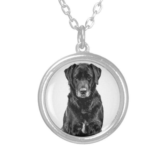 Cute Labrador Black Dog Puppy Pet Sketch Silver Plated Necklace (Front)
