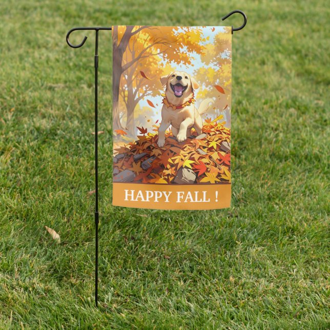 Cute Labrador Dog in the Autumn Leaves Happy Fall Garden Flag (In SItu)