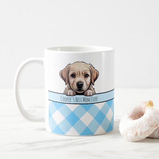 Cute Labrador Puppy Best Dog Mom Blue Gingham Coffee Mug (With Donut)