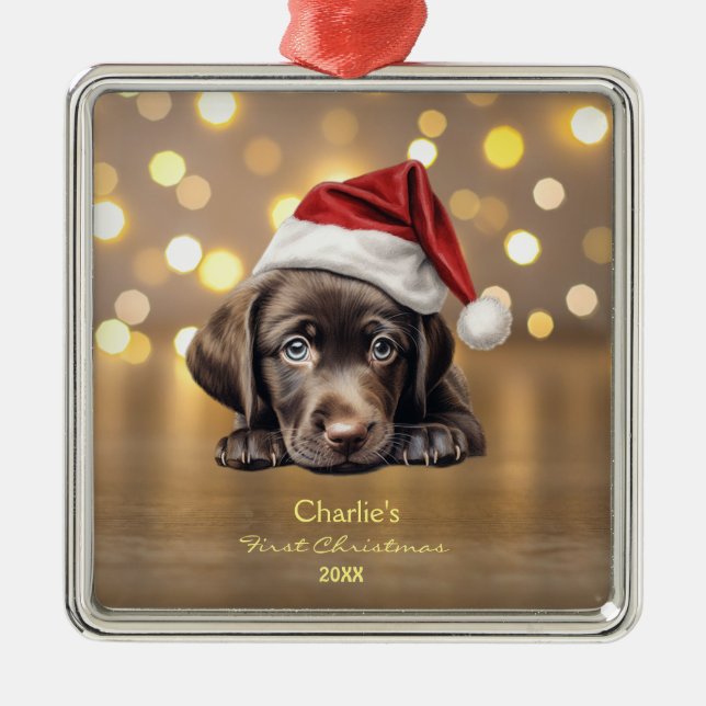 Cute Labrador Retriever Dog Santa Hat Christmas Metal Ornament (Front)