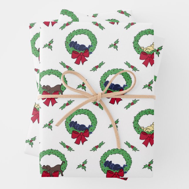 Cute Labrador Retriever Puppies Holiday Wreaths Wrapping Paper Sheets (In situ)
