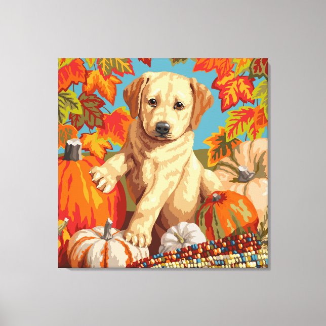 Cute Labrador Retriever Puppy Autumn Harvest Canvas Print (Front)