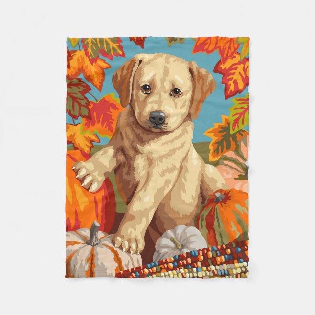 Cute Labrador Retriever Puppy Autumn Harvest Fleece Blanket (Front)