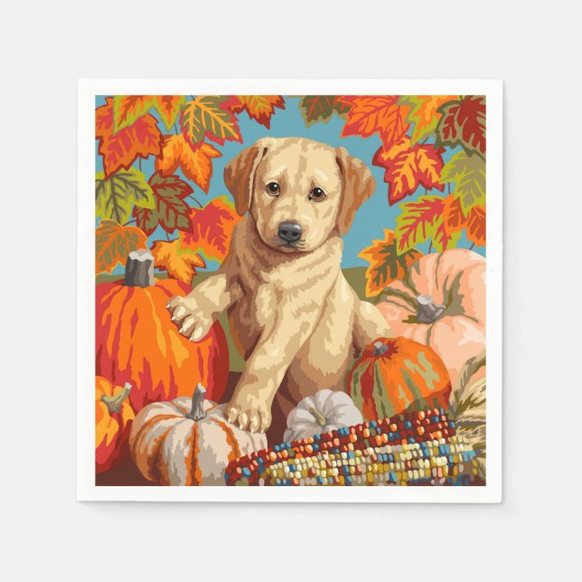 Cute Labrador Retriever Puppy Autumn Harvest Napkins (Front)