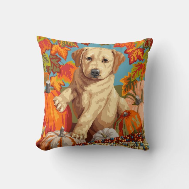 Cute Labrador Retriever Puppy Autumn Harvest Throw Pillow (Front)