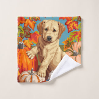 Cute Labrador Retriever Puppy Autumn Harvest Wash Cloth