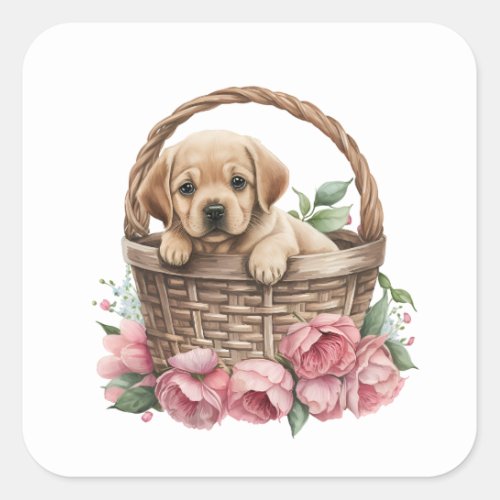 Cute Labrador retriever puppy in a basket Square Sticker