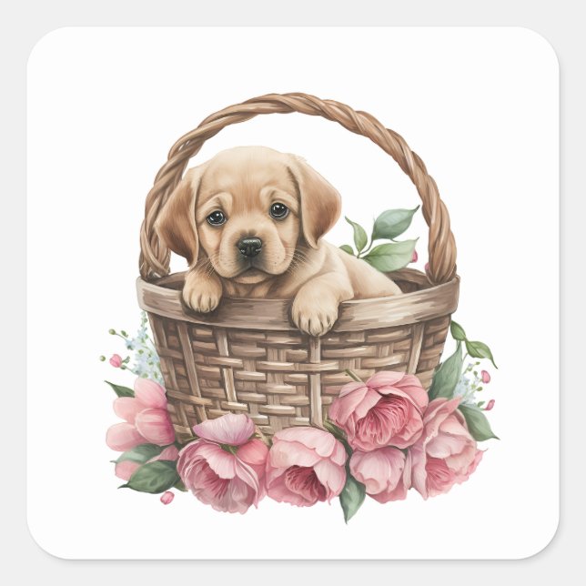 Cute Labrador retriever puppy in a basket Square Sticker (Front)