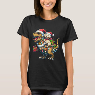 Cute Labrador Retriever Puppy Rides TRex in Santa T-Shirt
