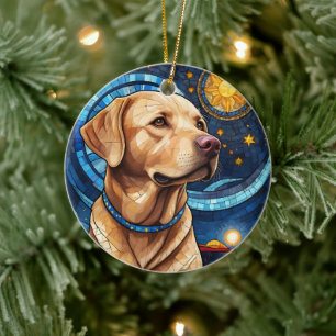 Cute Labrador Retriever Stained Glass Sky Sun Ceramic Ornament