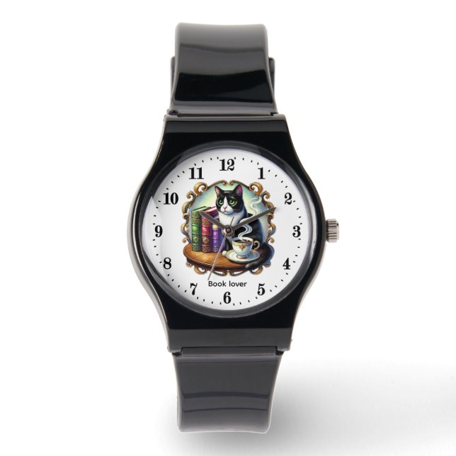 Cute ladies book cat lovers customizable  watch (Front)