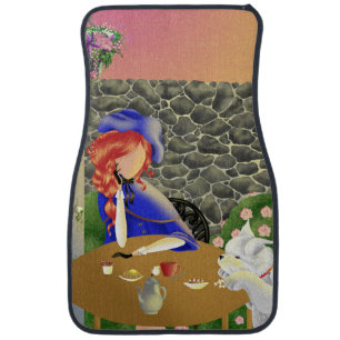 Cute Lady and Dog in cafe at sunset Car Floor Mat
