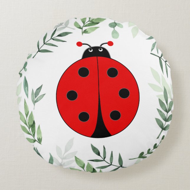 Cute Lady Bug and Plant Leaves Round Pillow (Front)