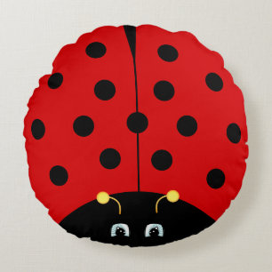 Cute Lady Bug Cartoon in Black & Red Round Pillow