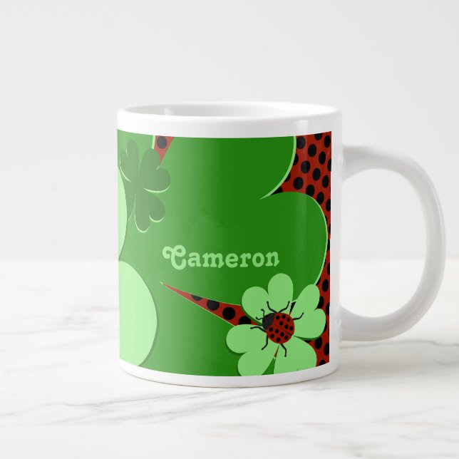 Cute Lady Bug & Clover Leaf Name Giant Coffee Mug (Right)