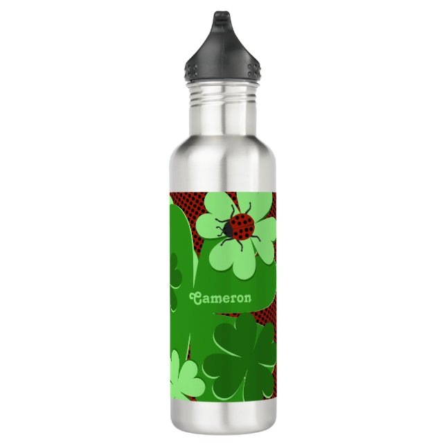 Cute Lady Bug & Clover Leaf Name  Stainless Steel Water Bottle (Right)
