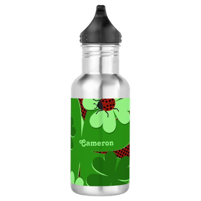 Cute Lady Bug & Clover Leaf Name  Stainless Steel Water Bottle (Right)