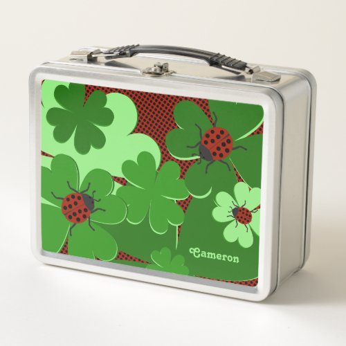 Cute Lady Bug  Clover Leaves Red Green Metal Lunch Box