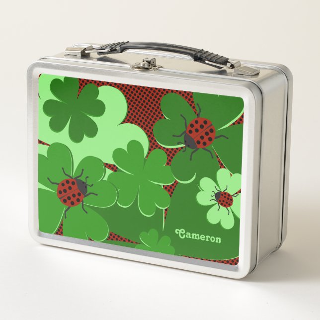 Cute Lady Bug & Clover Leaves Red Green Metal Lunch Box (Front)