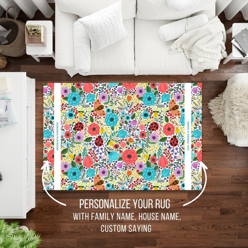Cute Lady Bug Floral Pattern Personalized Text Rug