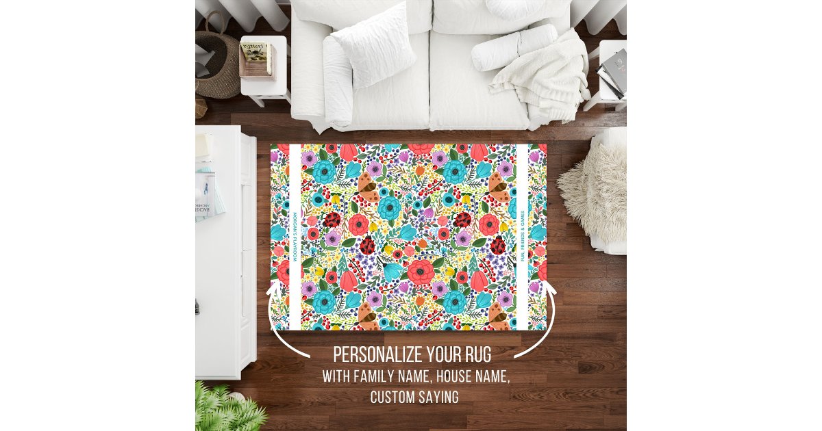 Cute Lady Bug Floral Pattern Personalized Text Rug | Zazzle