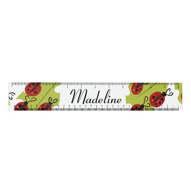 Cute Lady Bug Greenery Leaf Name Ruler (Front)