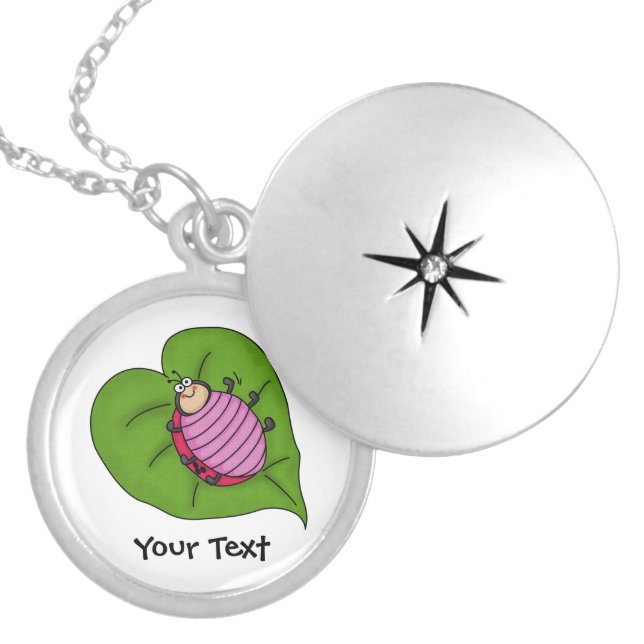 Cute  Lady Bug On Leaf Locket Necklace (Front)