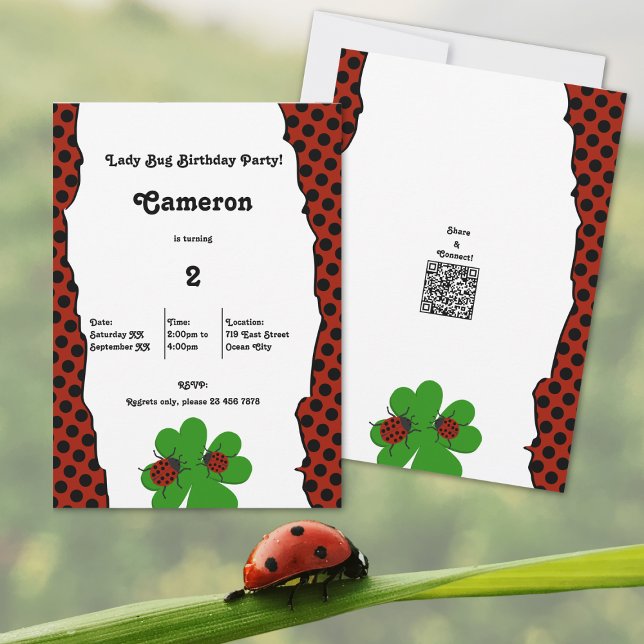 Cute Lady Bug Tear Edge 2nd Birthday Party Invitation (Cute Lady Bug Tear Edge 2nd Birthday Party Invitation, 5x7 Inch, Portrait Format, Flat Card)