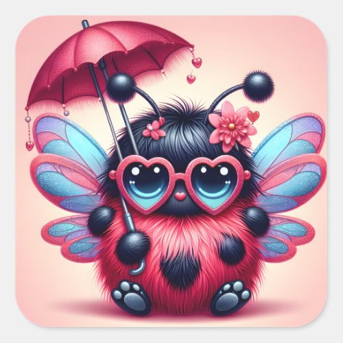Cute Lady Bug with Umbrella Square Sticker