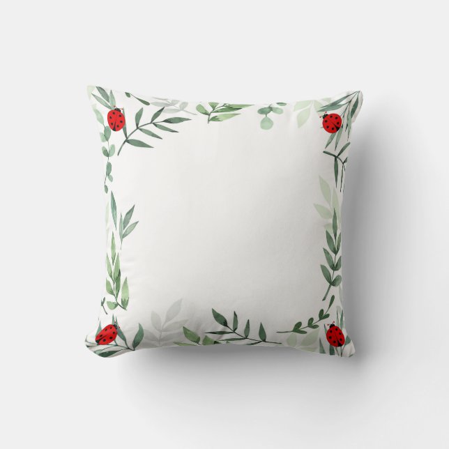 Cute Lady Bugs and Plant Leaves Throw Pillow (Front)