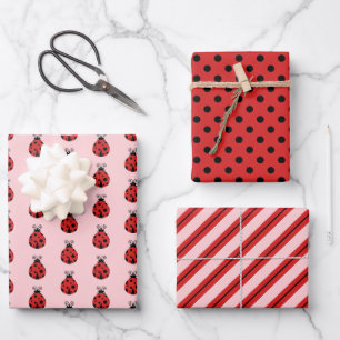Cute Lady Bugs Polka Dots Pink Stripes Wrapping Paper Sheets