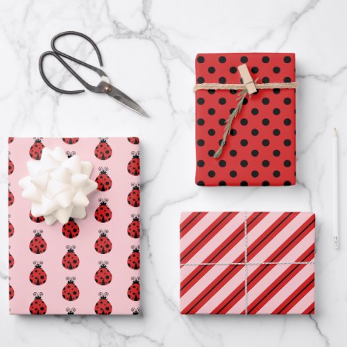 Cute Lady Bugs Polka Dots Pink Stripes Wrapping Paper Sheets