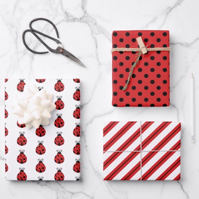 Cute Lady Bugs Polka Dots Stripes Wrapping Paper Sheets (Front)