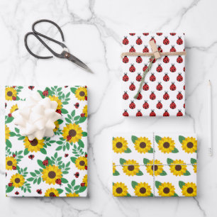 Cute Lady Bugs & Sunflowers Patterns Wrapping Paper Sheets