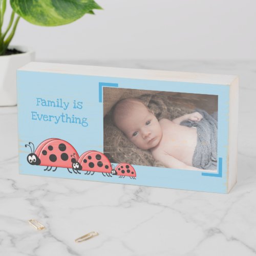 Cute ladybird family for kids room photo blue wooden box sign