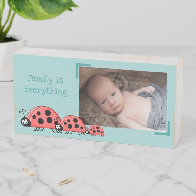 Cute ladybird family for kids room photo green wooden box sign (In Situ Horizontal)