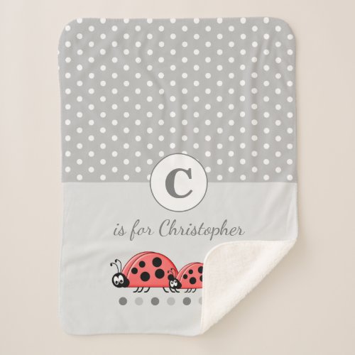 Cute ladybird family polka dots grey sherpa blanket