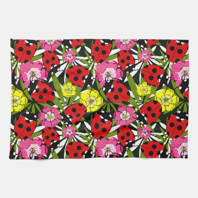 Cute Ladybirds and Flowers Pattern Kitchen Towel (Horizontal)