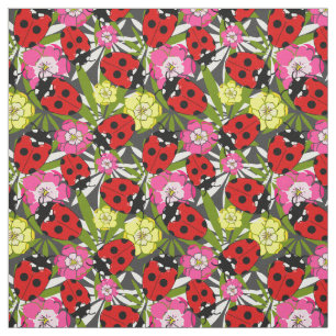Cute Ladybirds and Flowers Pattern on Grey Fabric