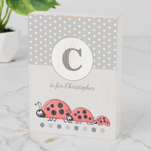 Cute ladybirds polka dots grey and white wooden box sign