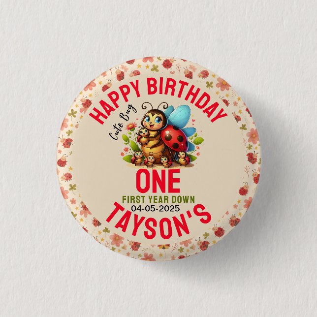 Cute Ladybug 1st Birthday | Bug Theme Party Button (Front)