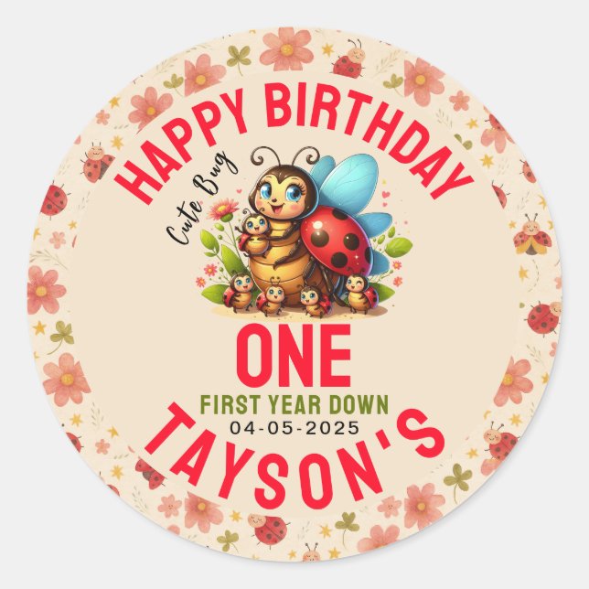 Cute Ladybug 1st Birthday | Bug Theme Party Classic Round Sticker (Front)