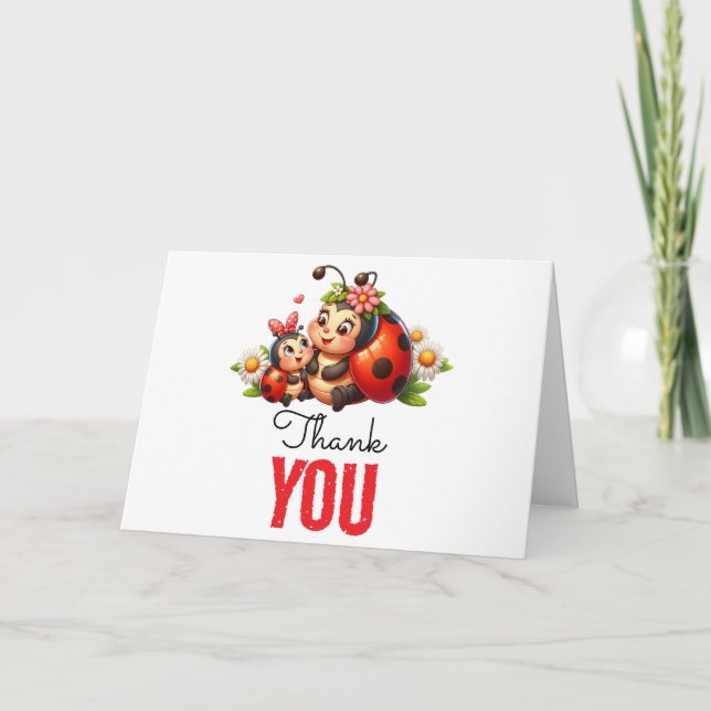 Cute Ladybug 1st Birthday | Bug Theme Party Letterpress Thank You Card (Front)