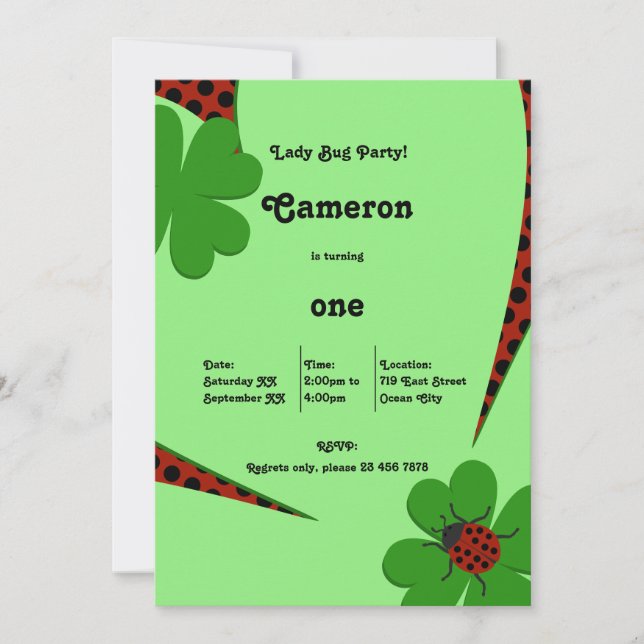Cute Ladybug 1st Birthday Party Invitation Card (Front)
