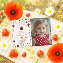 Cute Ladybug 1st Birthday Photo Invitation