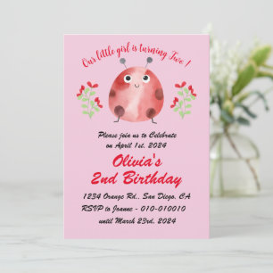 Cute Ladybug 2nd Birthday Party Invitation
