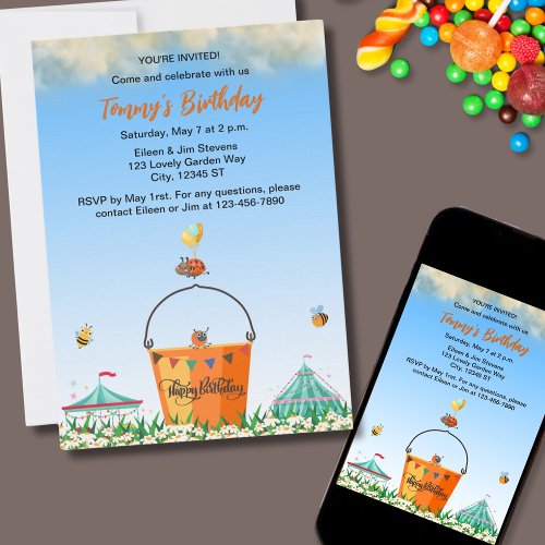 Cute Ladybug and Bees in Sunny Garden Birthday Invitation